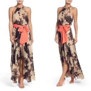 Eliza J Maxi Dress Floral Print Gold Chain Necklace Halter High Low